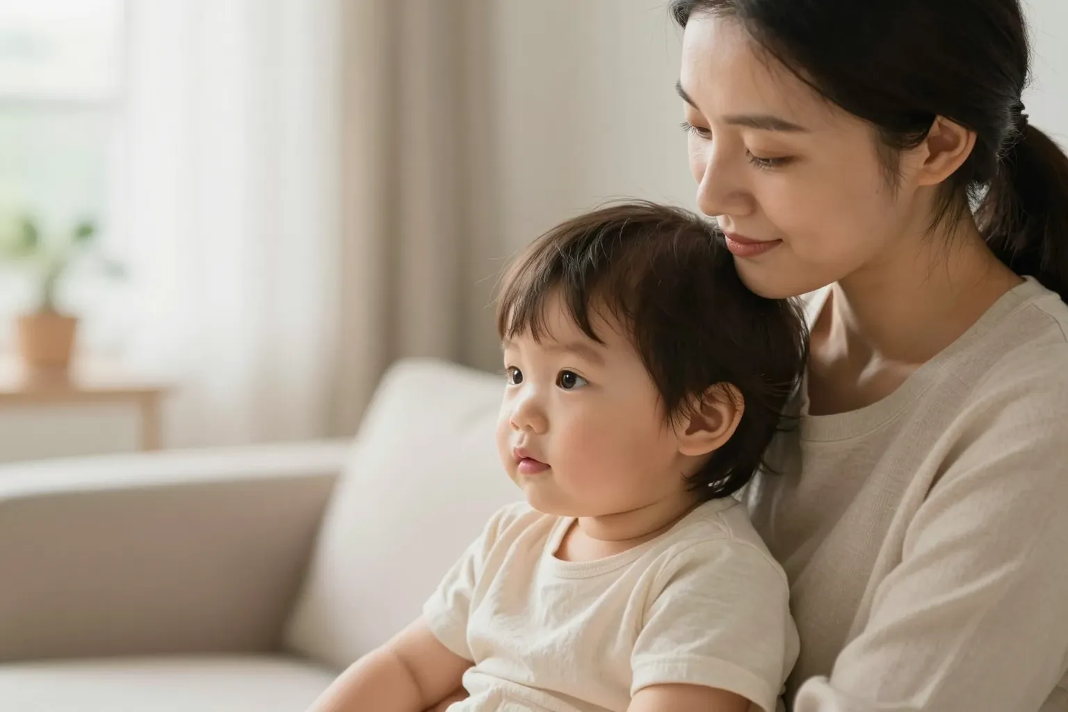 A gentle mother caring for her young child at home, warm and reassuring, in soft natural light