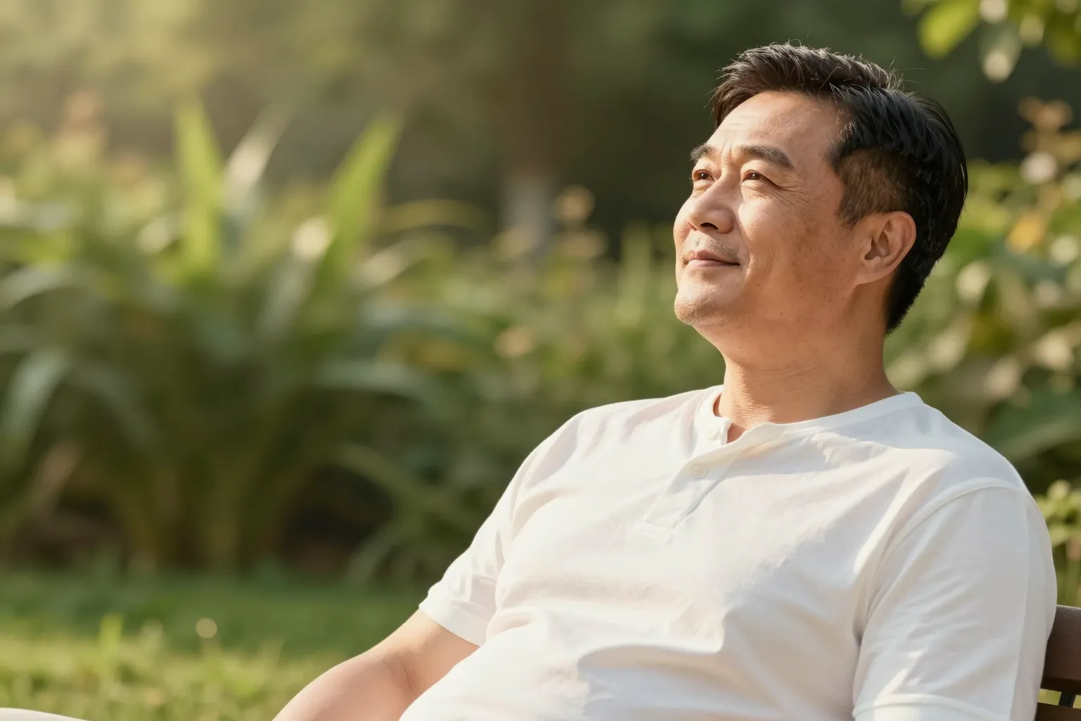 A relaxed, healthy adult enjoying a sunny green garden in summer, calm and content in soft golden light