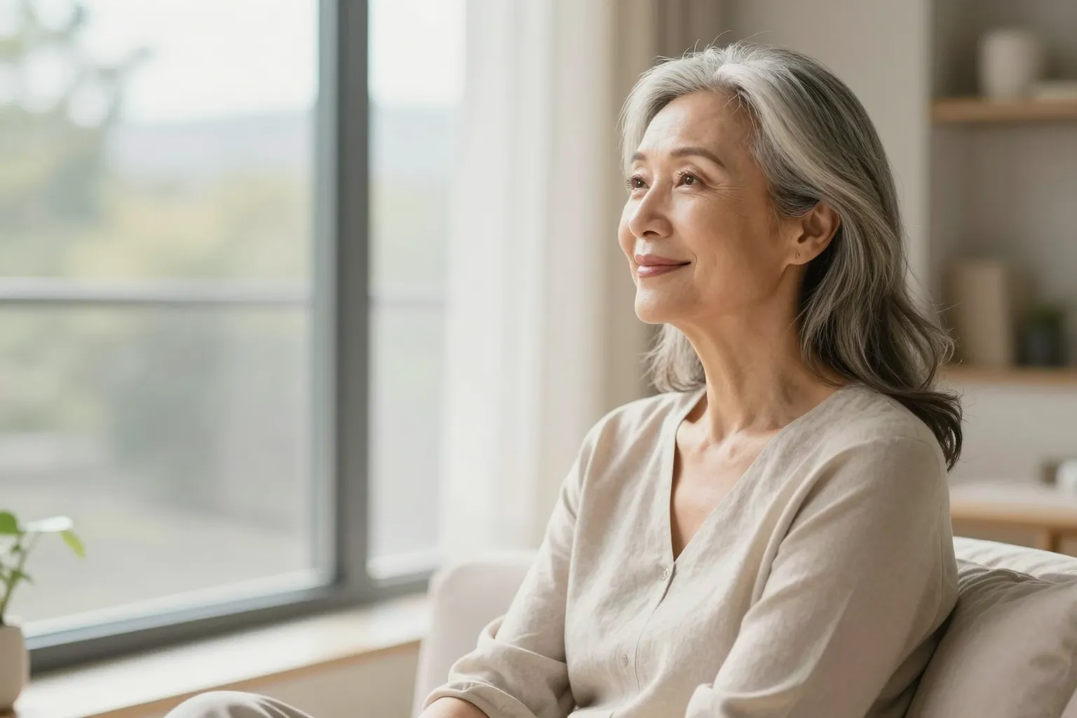 A calm, healthy woman in her late fifties relaxing peacefully by a bright window at home, conveying reassurance and recovery