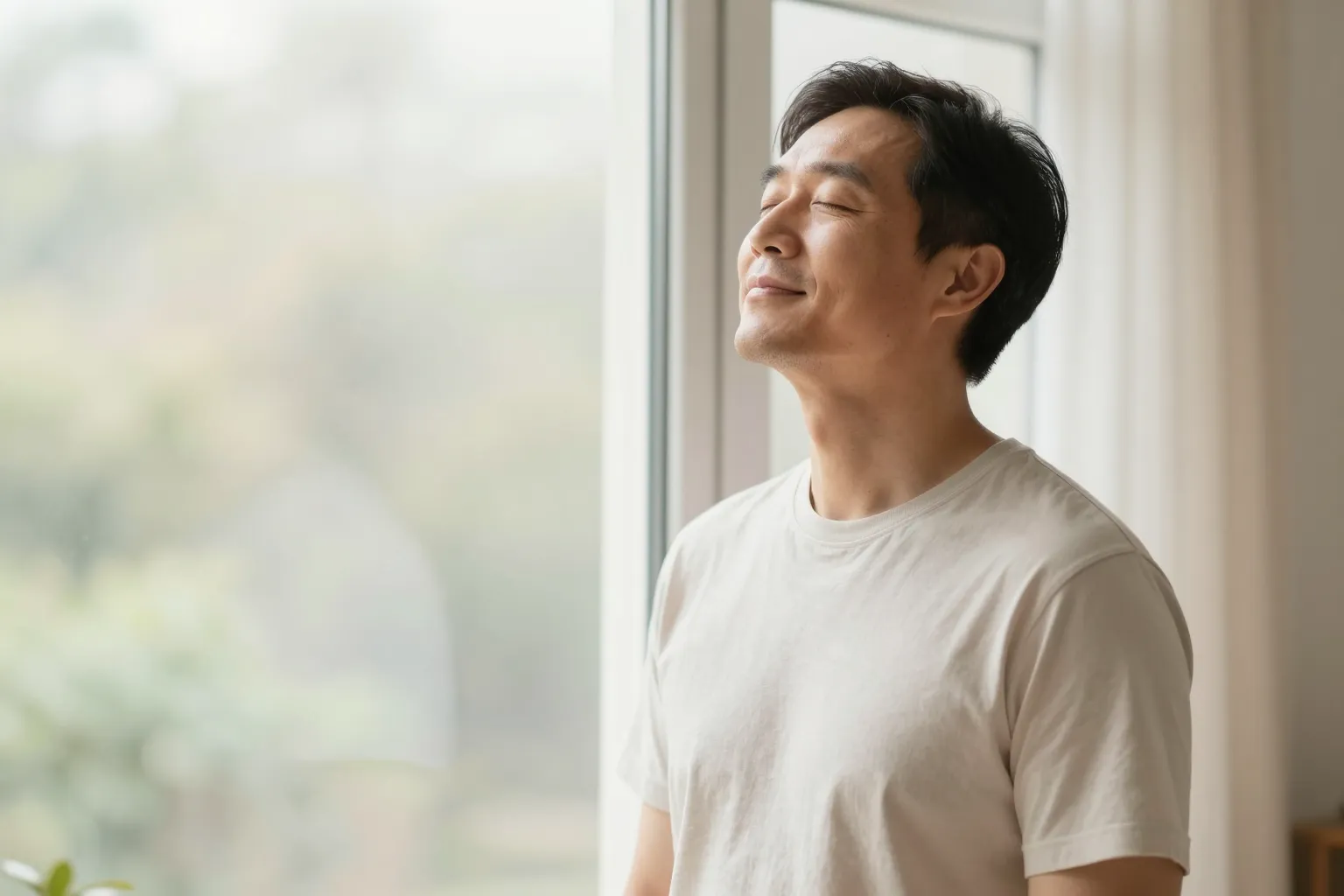 A healthy adult breathing easily by a bright open window at home, calm and relieved in soft natural light