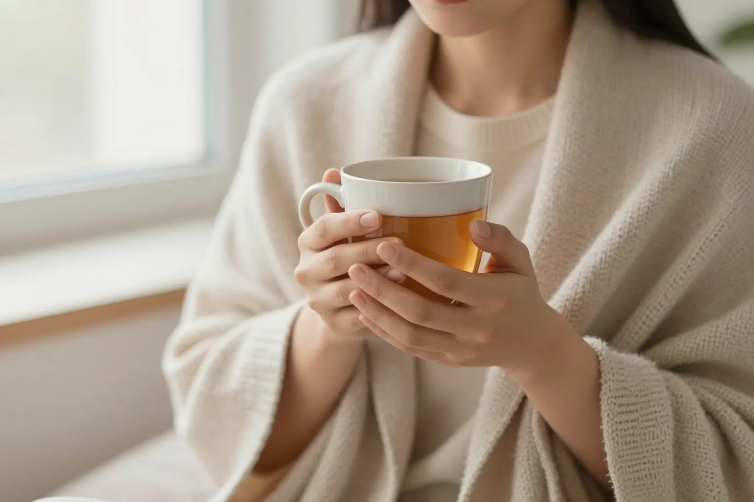 A person wrapped in a soft cardigan cradling a warm mug of tea at home, conveying comfort and soothing care