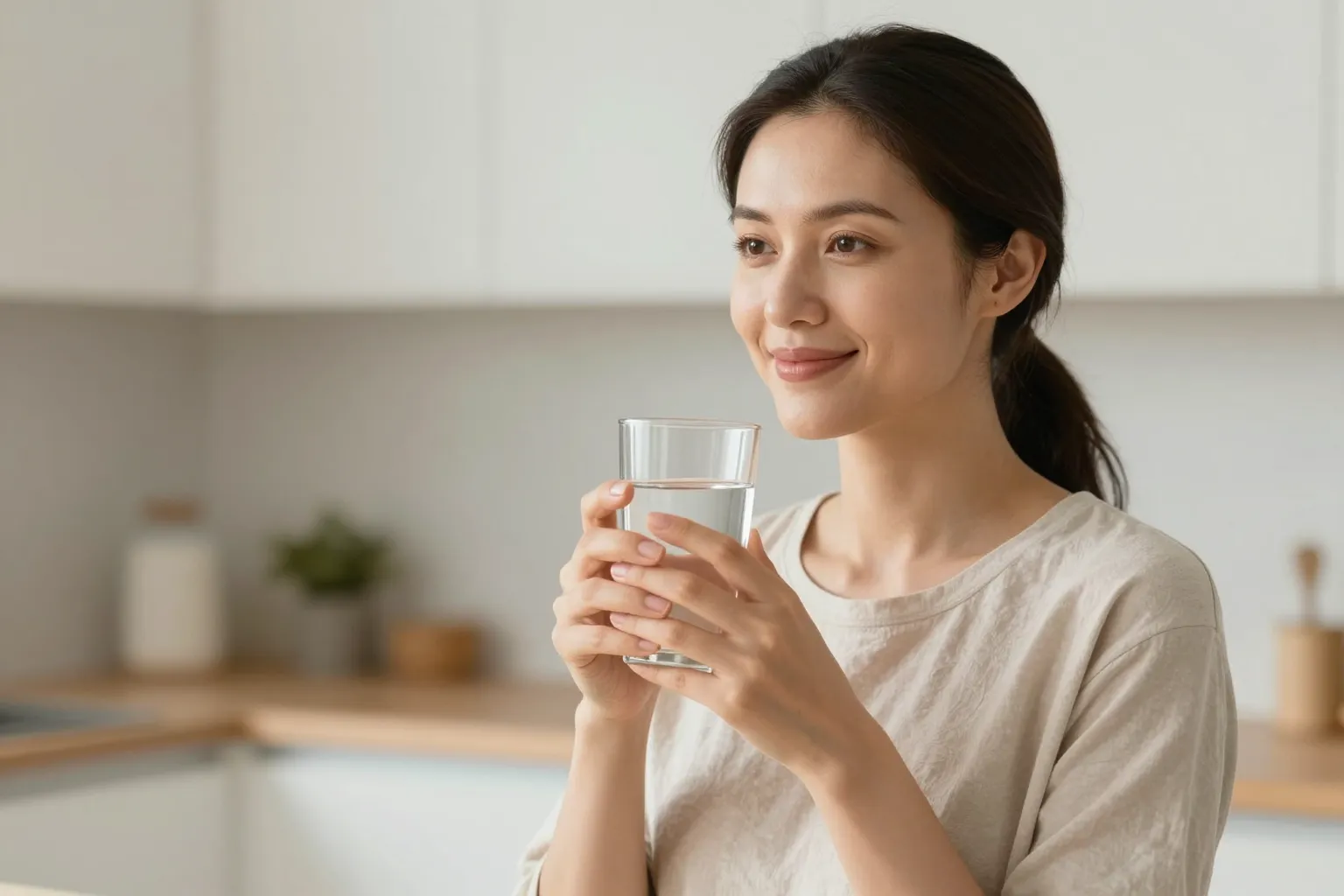 A calm, healthy woman holding a glass of water in a bright kitchen, conveying everyday wellness and hydration